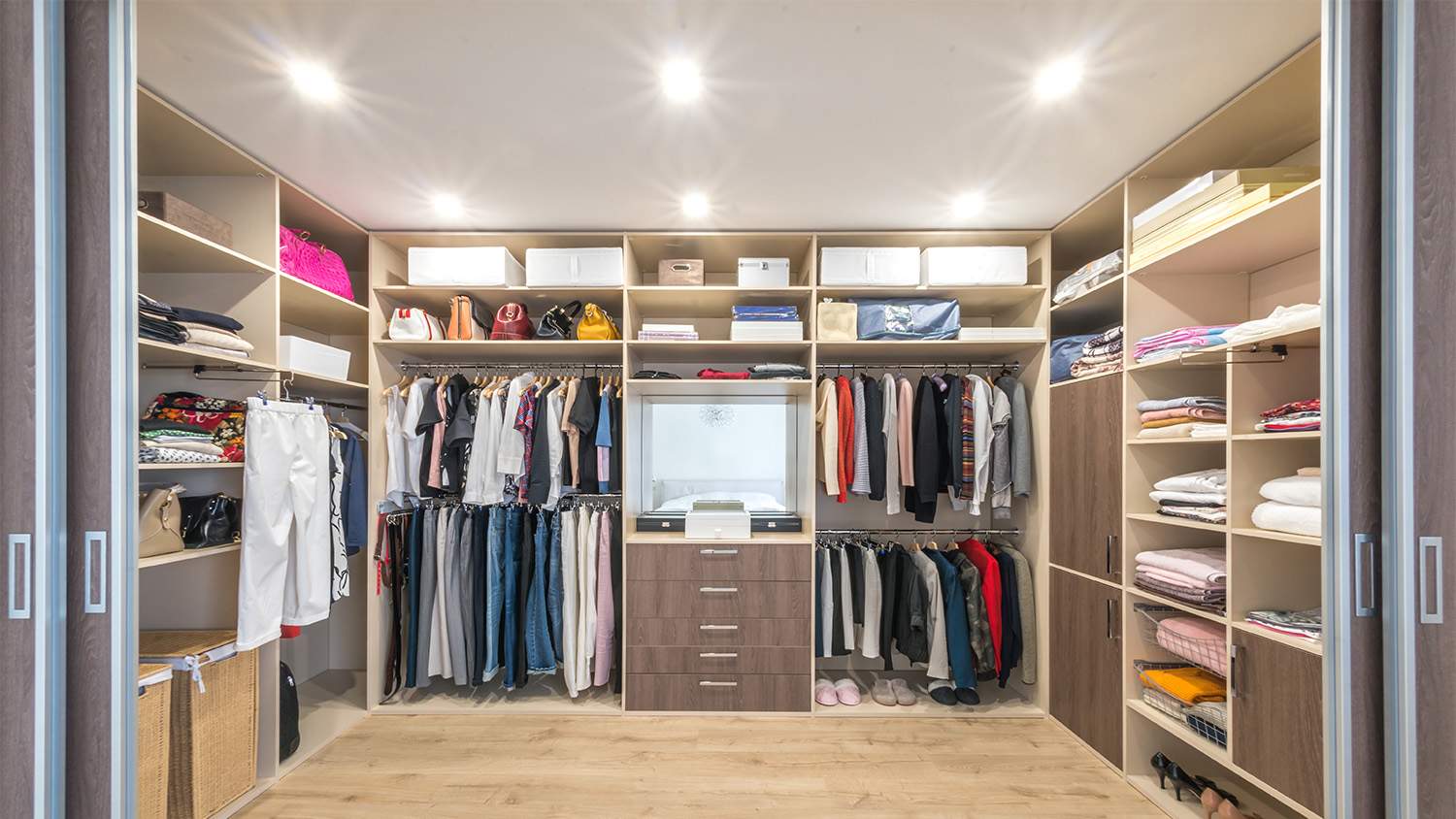 big wardrobe with lights in closet