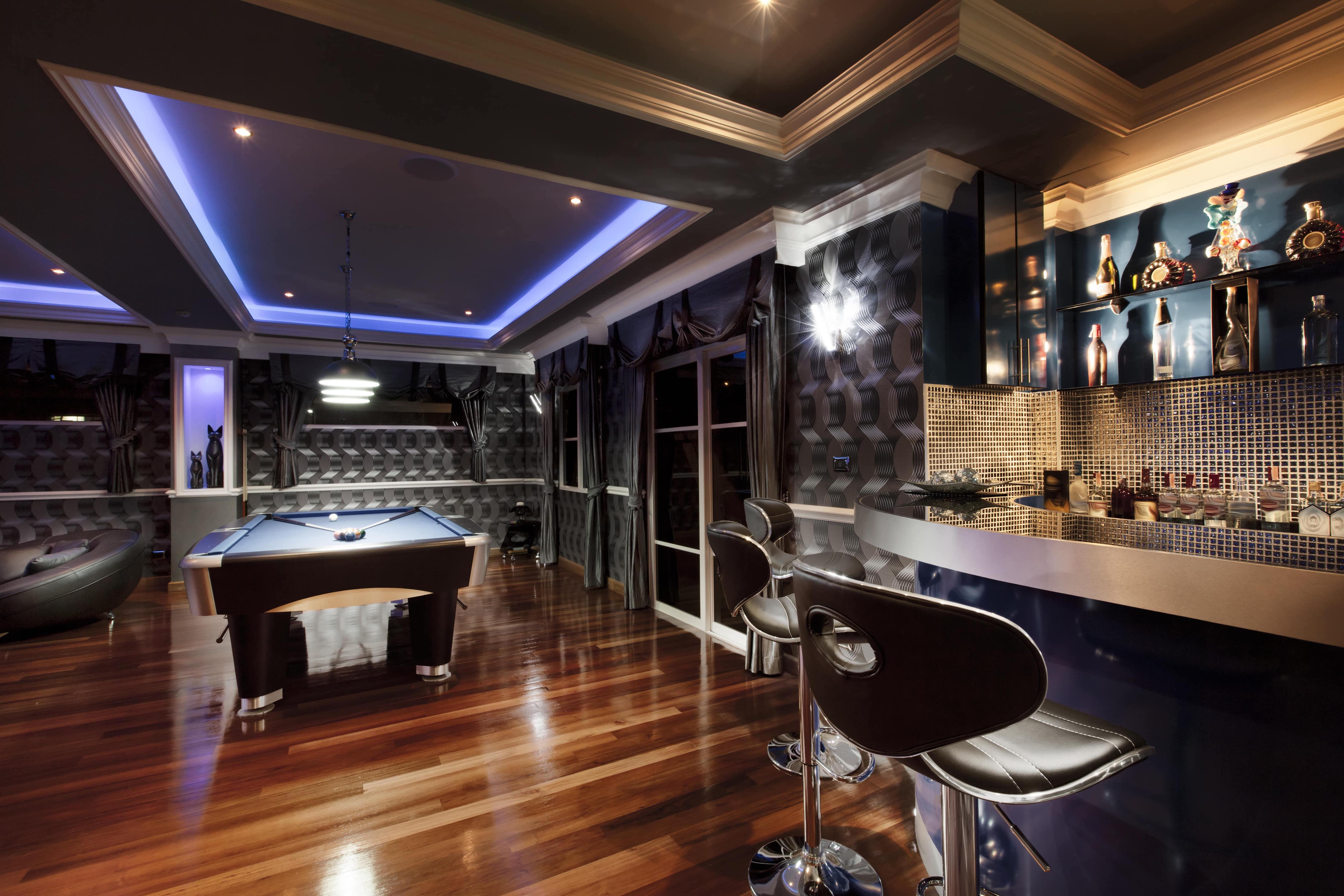 Modern basement bar and game room