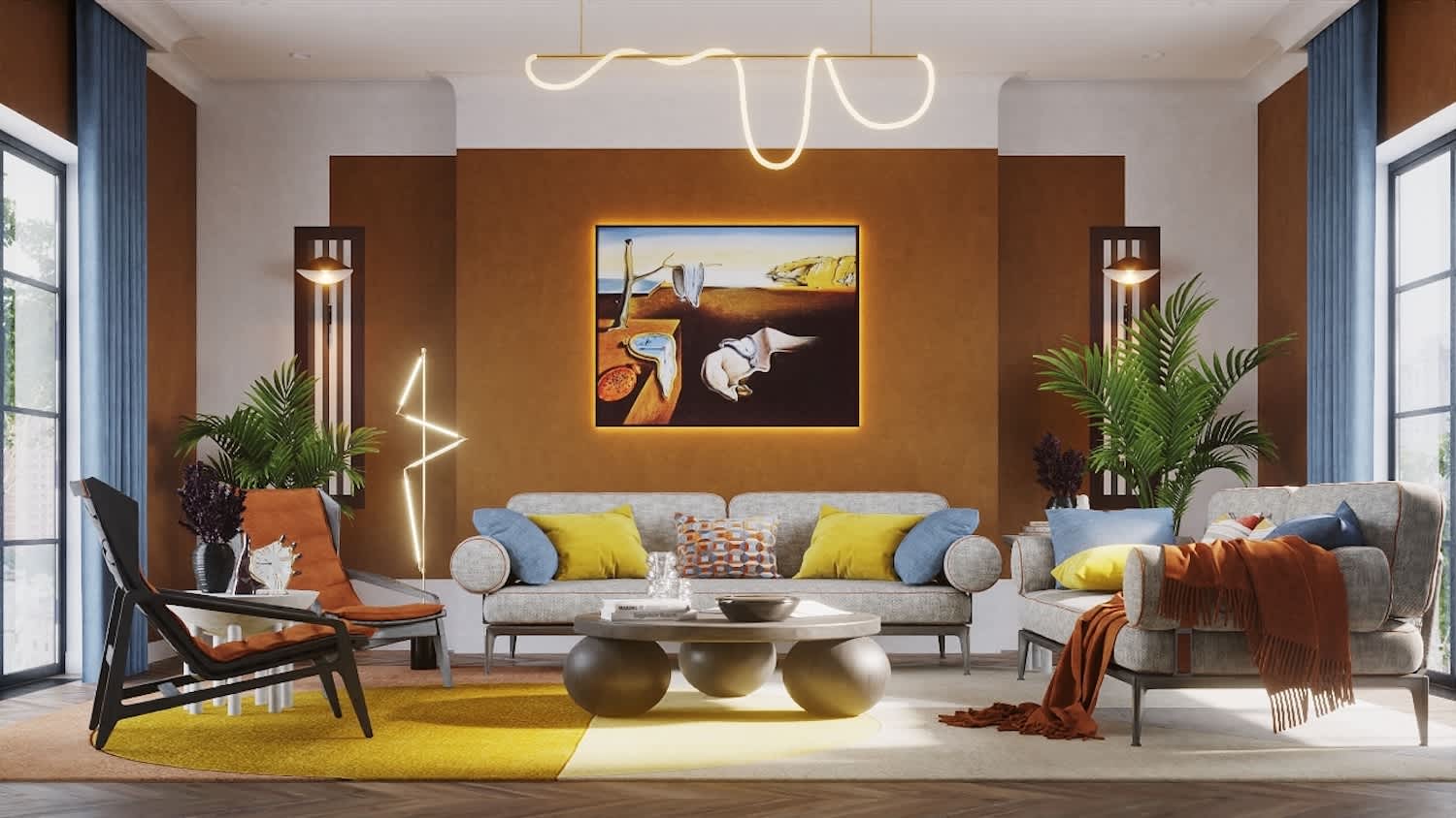 a modern living room with bright colors, dark orange wall, and neon lighting accents