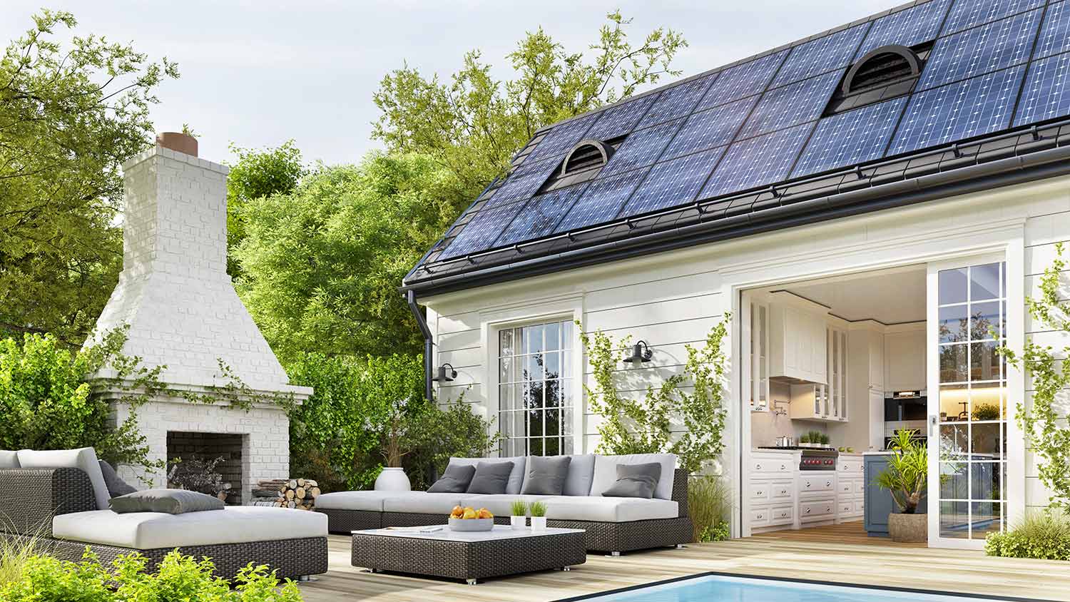 Pretty backyard patio with solar panel on roof