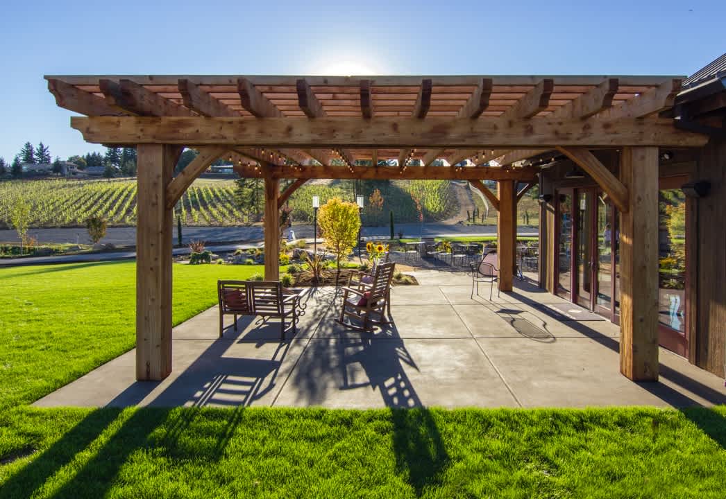 Redwood pergola in backyard