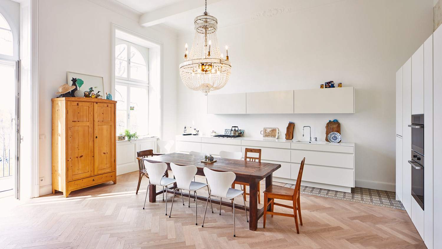 A modern bright kitchen in a refurbished building