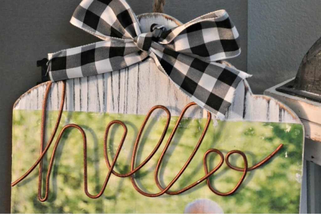 Wood photo transfer with gingham ribbon and metal "hello"