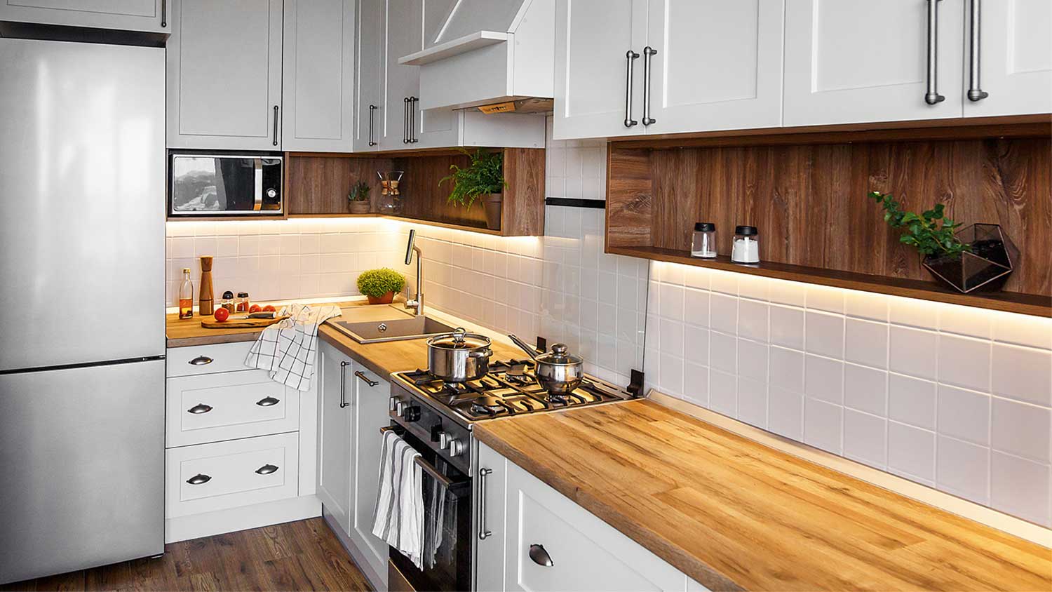 Kitchen with led lights under cabinets