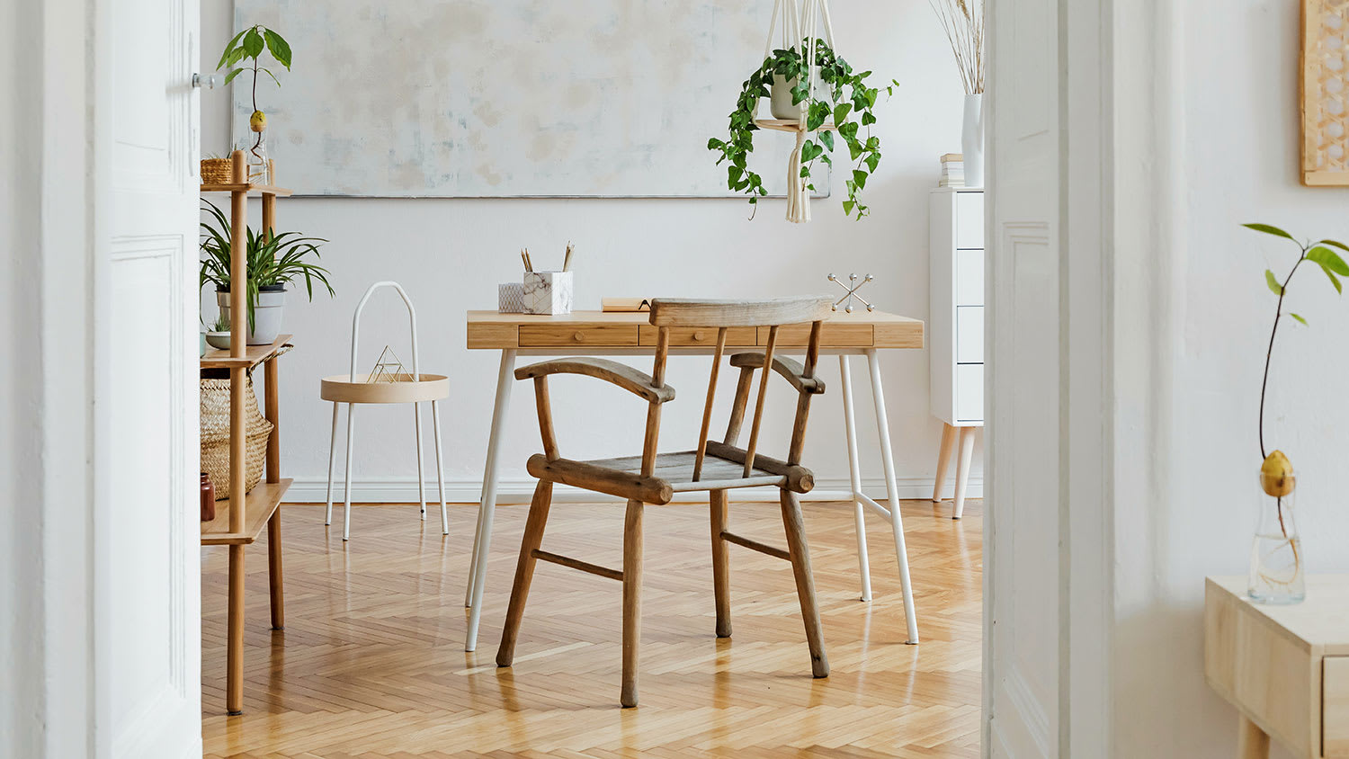Office with wood desk, chairs and accessories