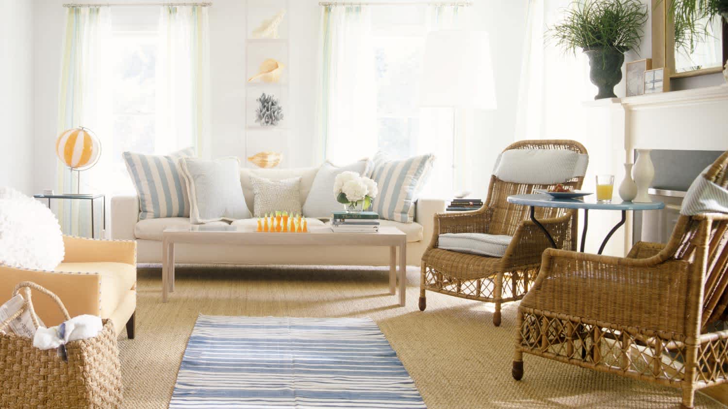 Living room with wood furniture and natural rug