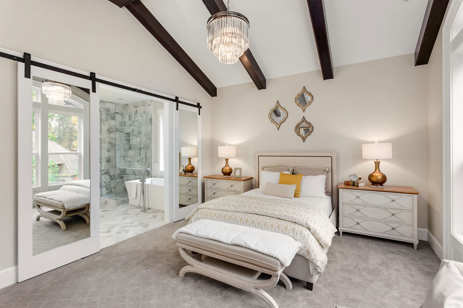 Master bedroom with lamps on