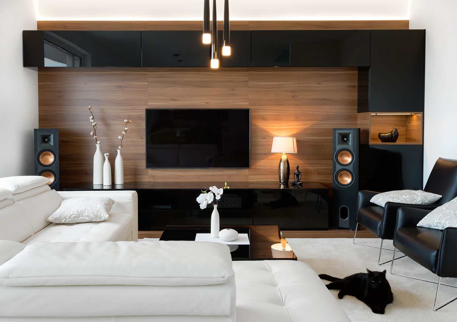 Modern living room with lights on