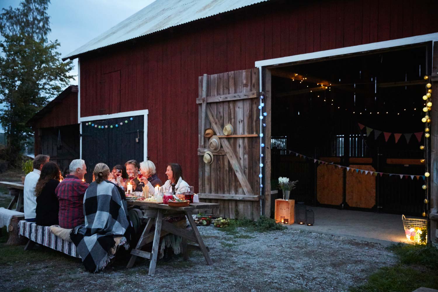 Friends enjoying dinner party against barn