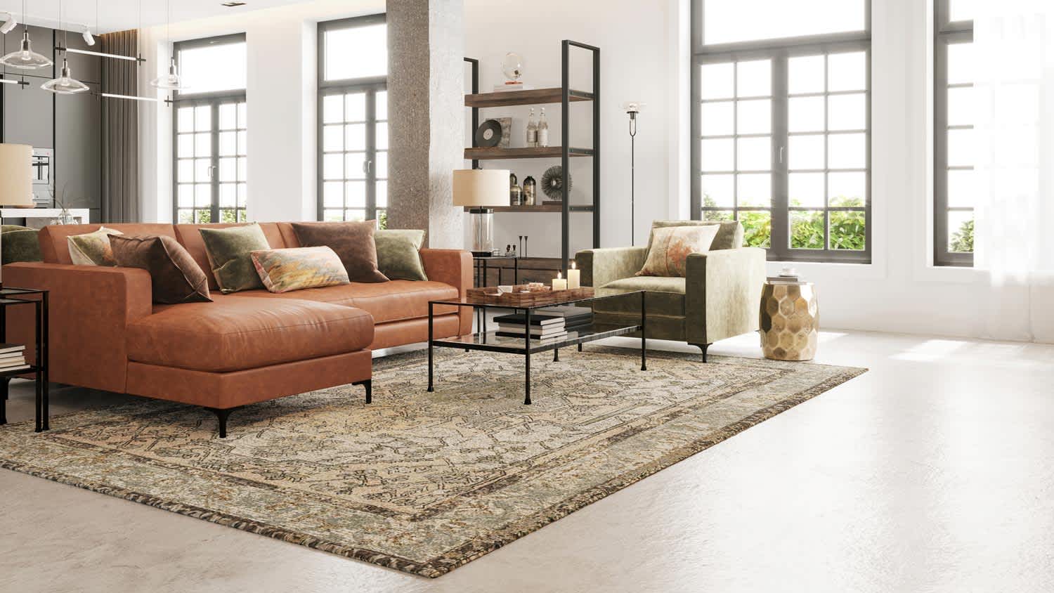 A modern living room with a leather sofa
