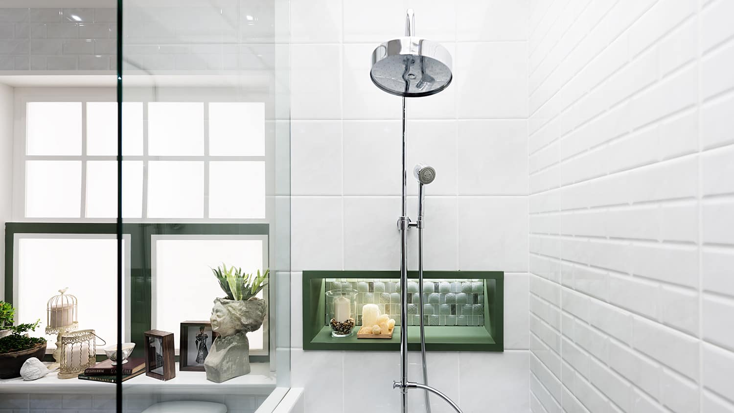 Rain shower head in small bathroom