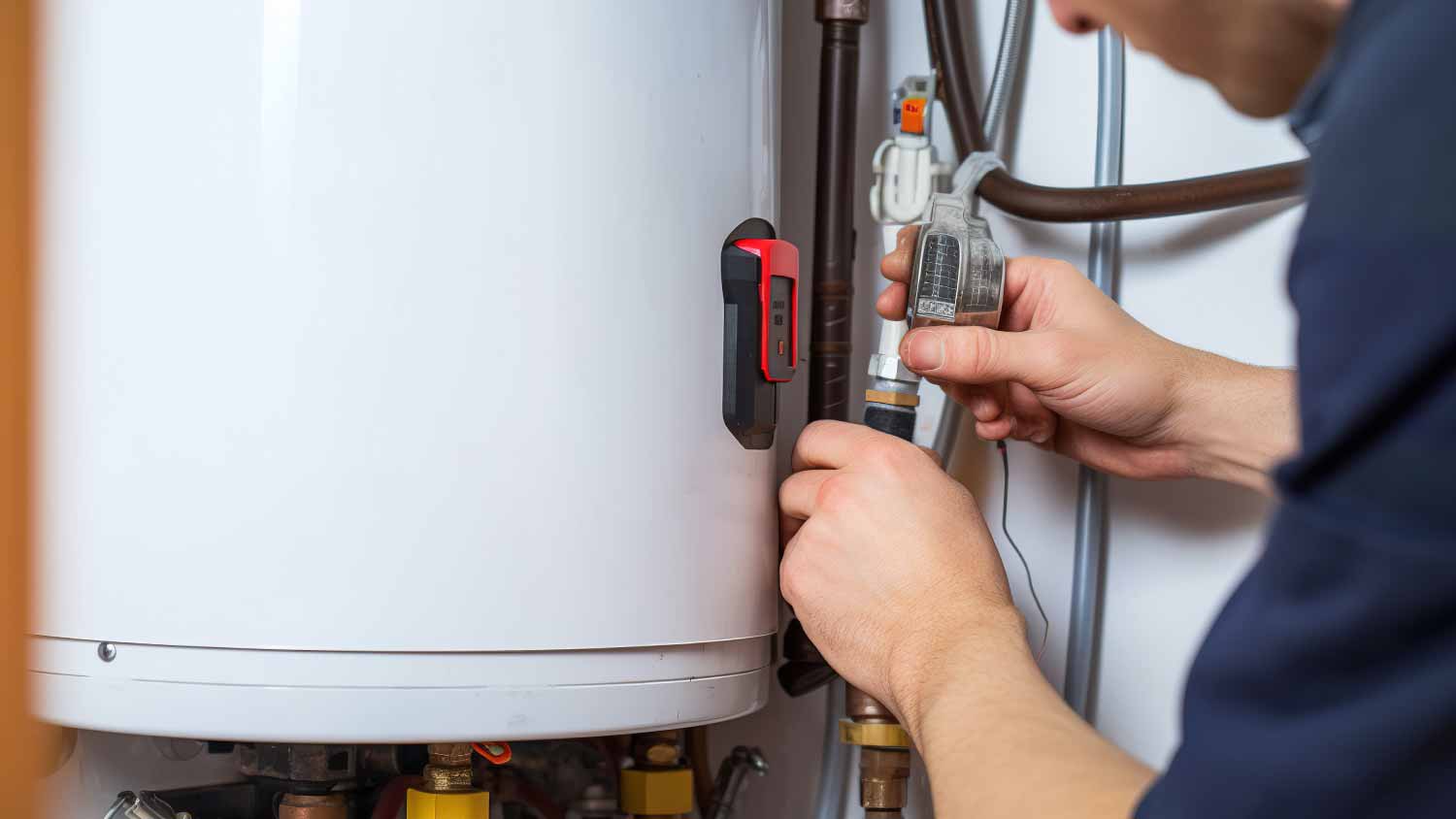 Worker repairing an electric water heater