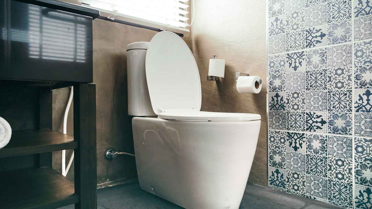 Toilet bowl with lid open in a bathroom with patterned tiles