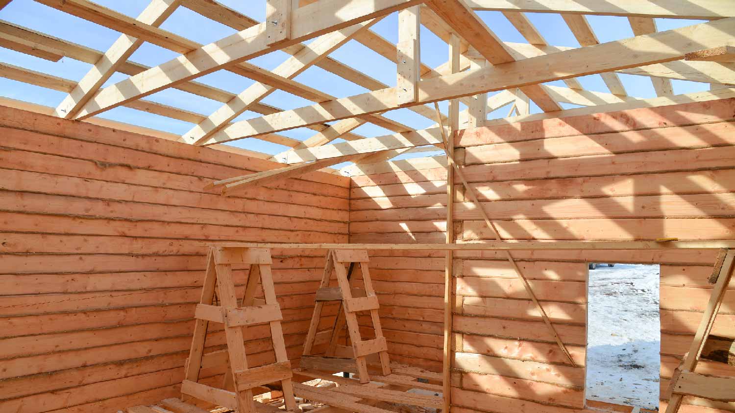 None A roof frame from the interior of a house