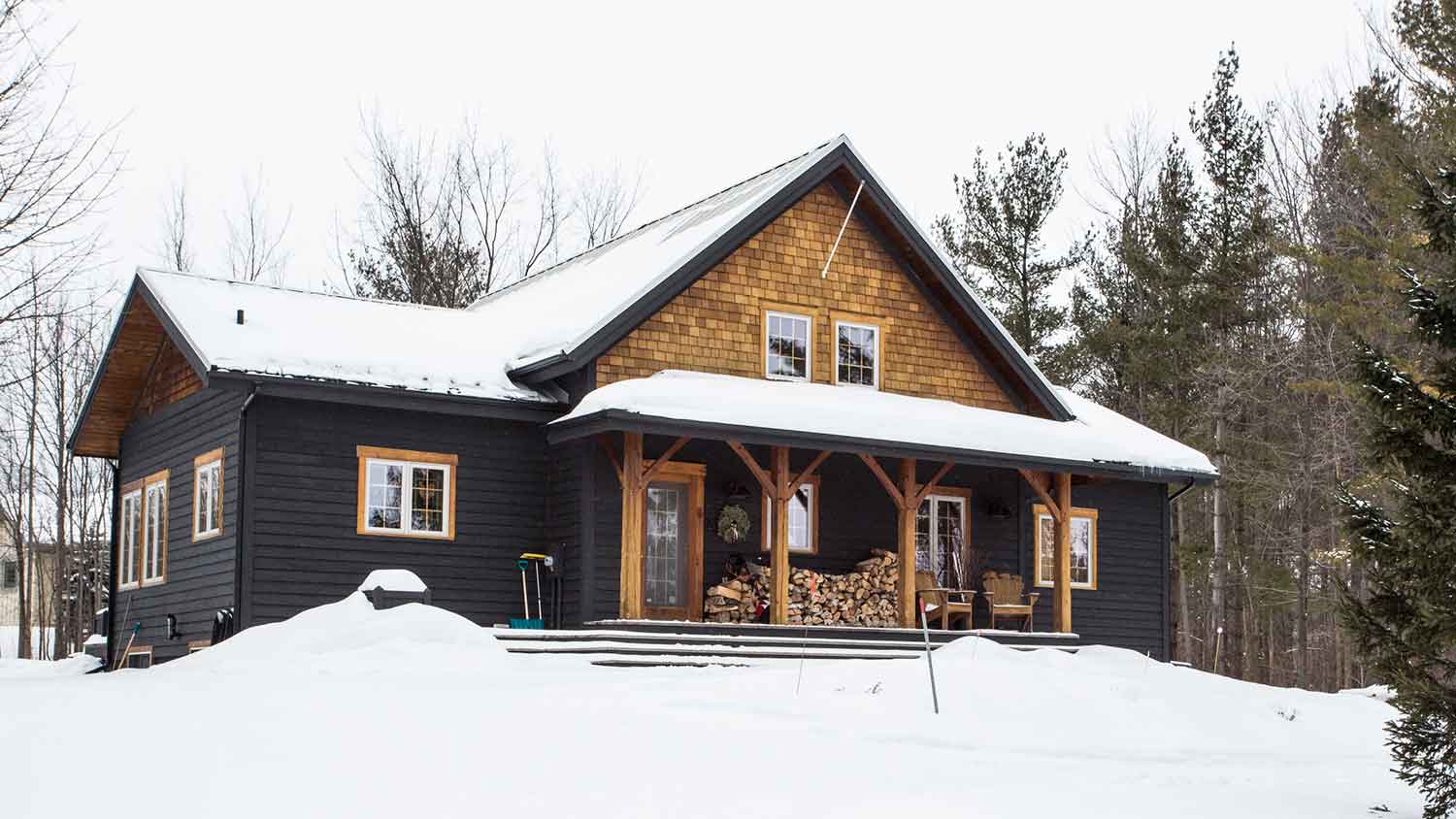 None Steep slope roof house covered with snow
