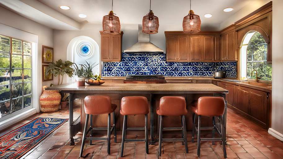 Arizona kitchen according to AI, with a Mediterranean style kitchen, blue and white patterned tile backsplash, and leather backed stools