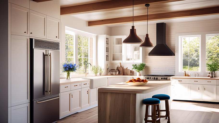 Georgia kitchen according to AI, with a modern Farmhouse style, white cabinets, large farmhouse sink, and wood rafters