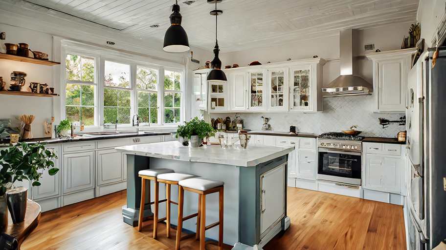 Maine kitchen according to AI, with a Cape Cod style white a pale blue color scheme, wood floor, center island, and pendant lights