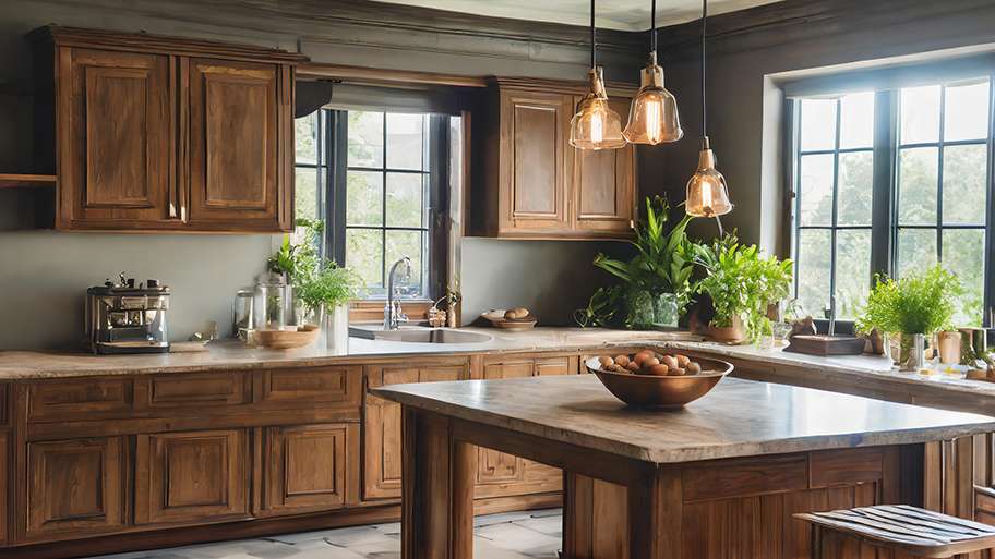 New Jersey kitchen according to AI, with a warm Colonial style, granite countertops, wood cabinets, and an earth-tone color scheme