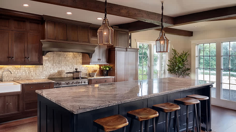 Ohio kitchen according to AI, with a Tudor style characterized by dark wooden cabinetry and exposed rustic ceiling beams