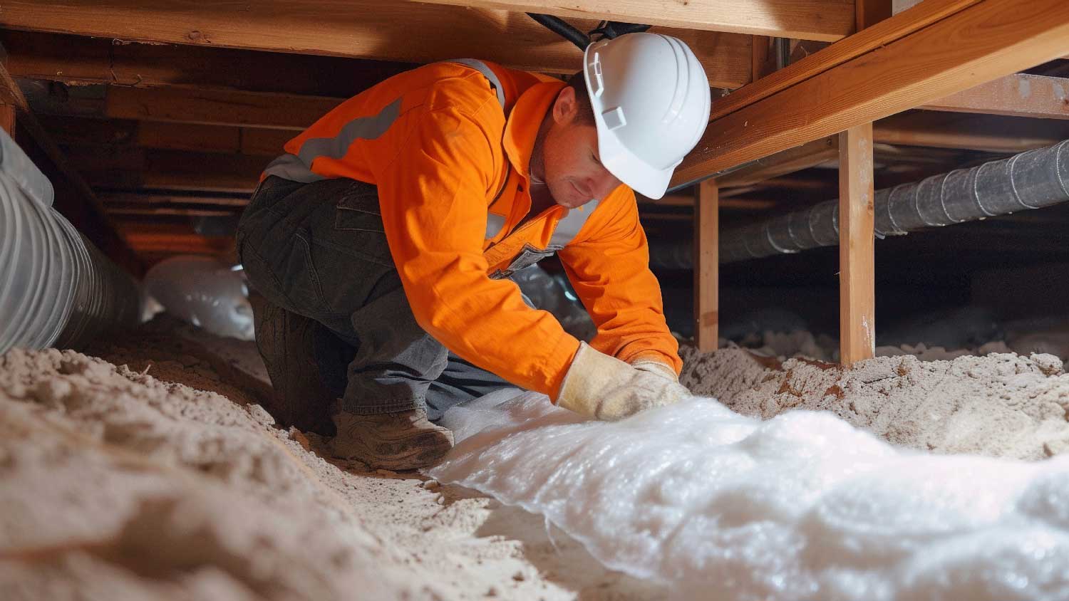 A professional repairing ductwork in a crawl space