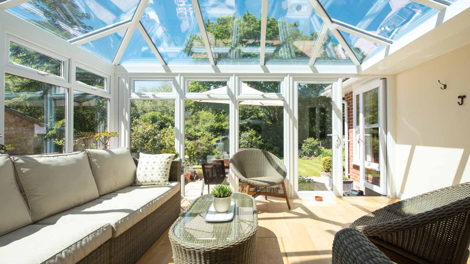 A general interior view of a white conservatory
