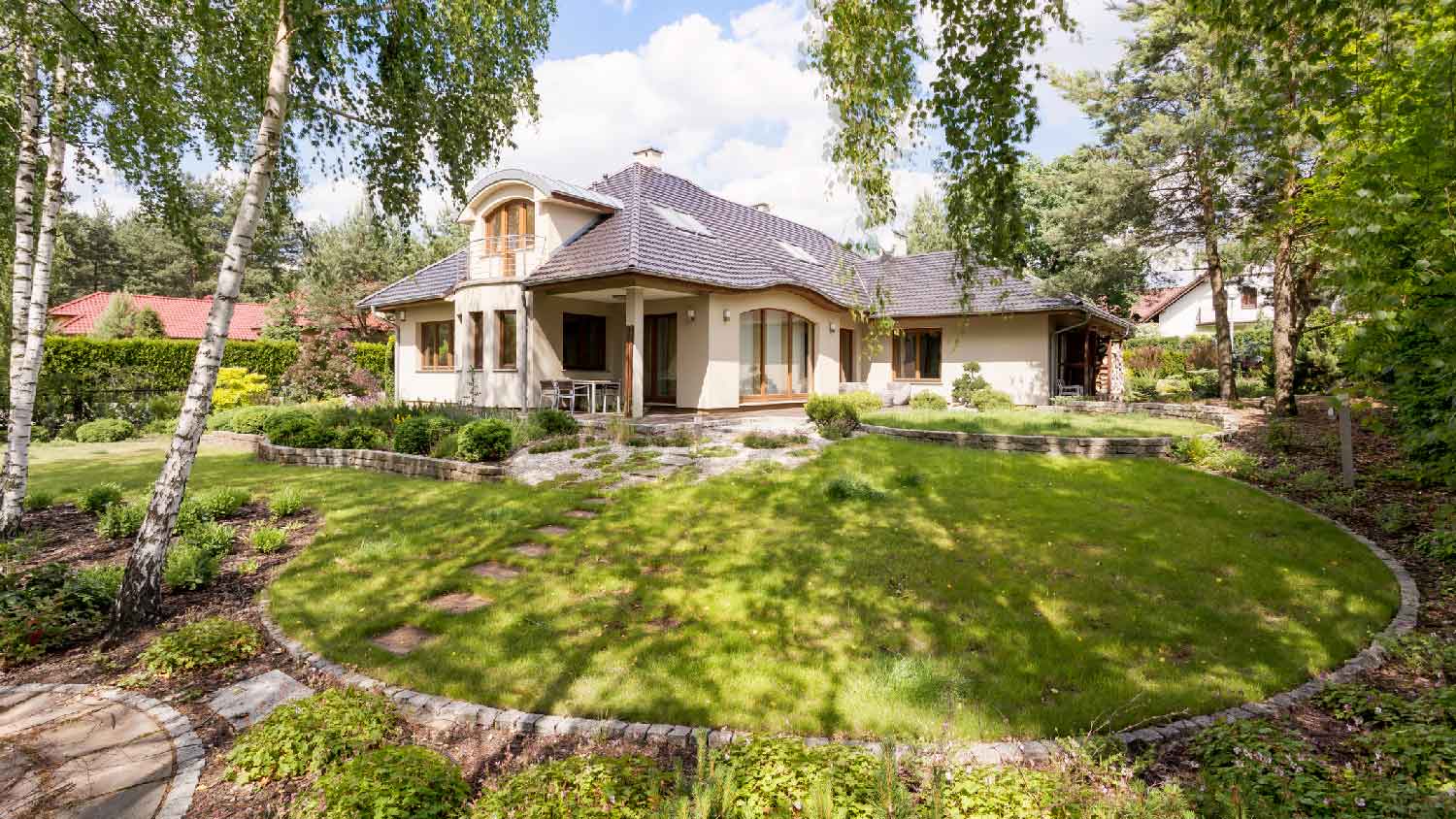 A house with a beautiful garden and trees