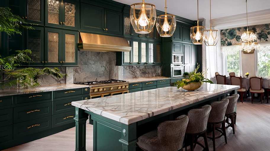 South Carolina kitchen according to AI, with a Victorian style eat in kitchen, with dark painted cabinets, brass accents, and crystal pendant lights