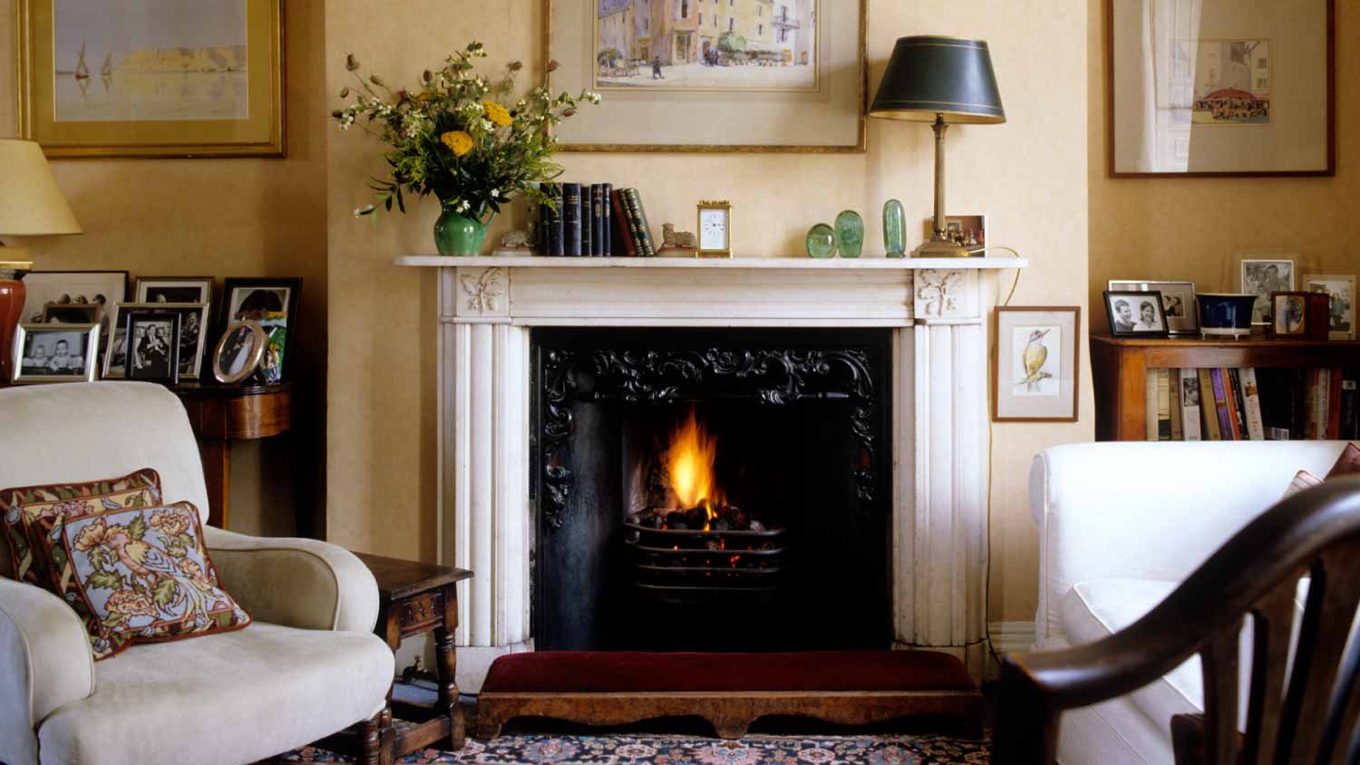 None Traditional living room with a fireplace