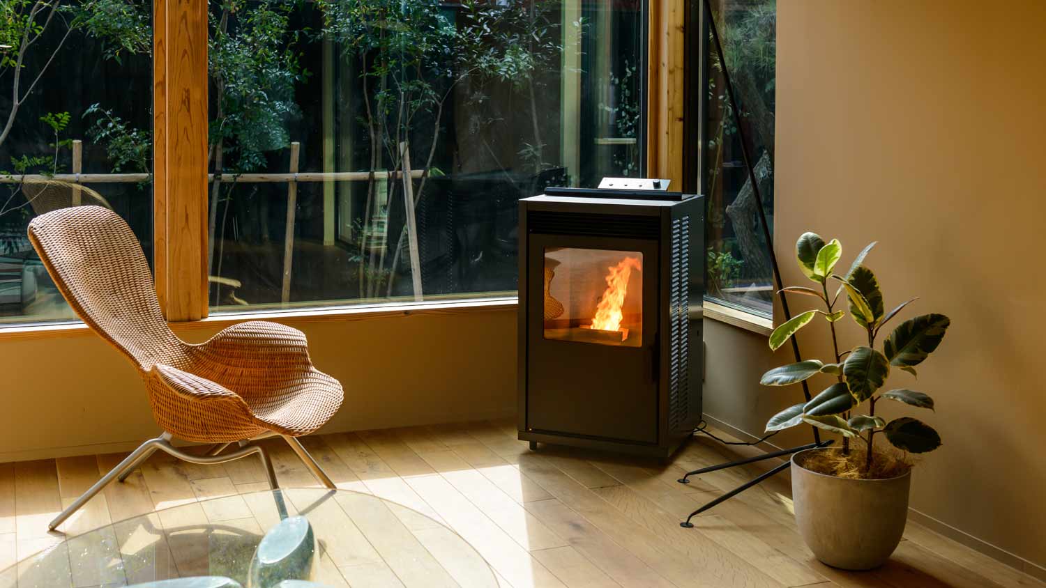 None modern interior living room with pellet stove