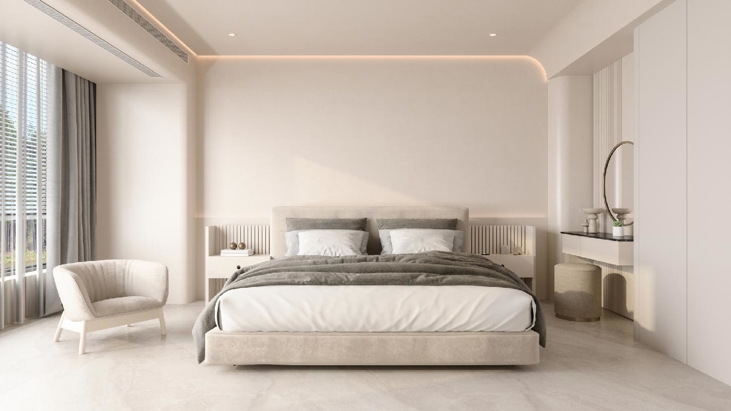 A contemporary bedroom wtih a double bed and drywall