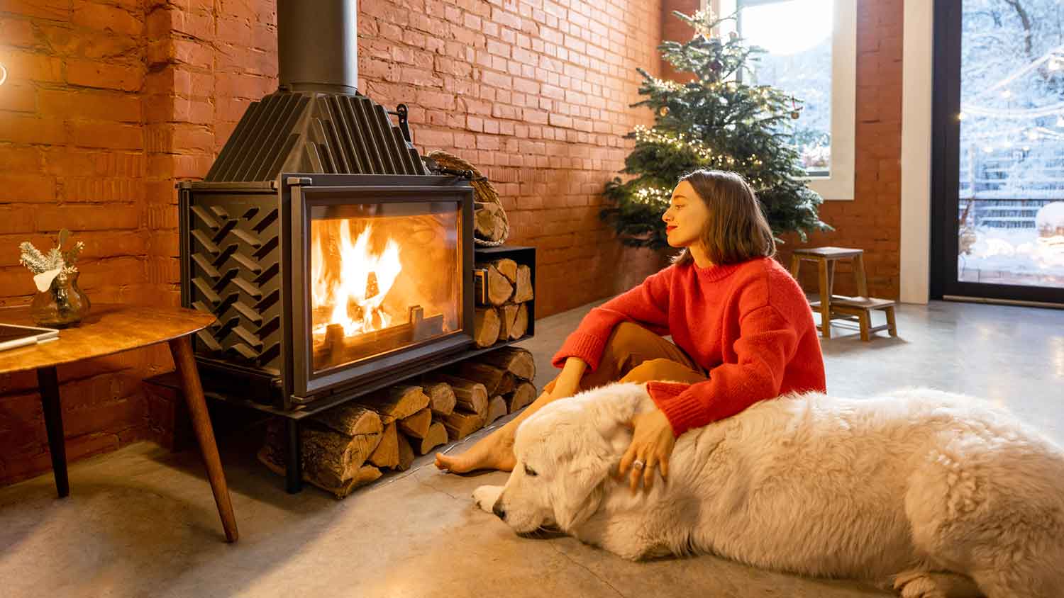 Woman and her dog sitting by a wood burning stove