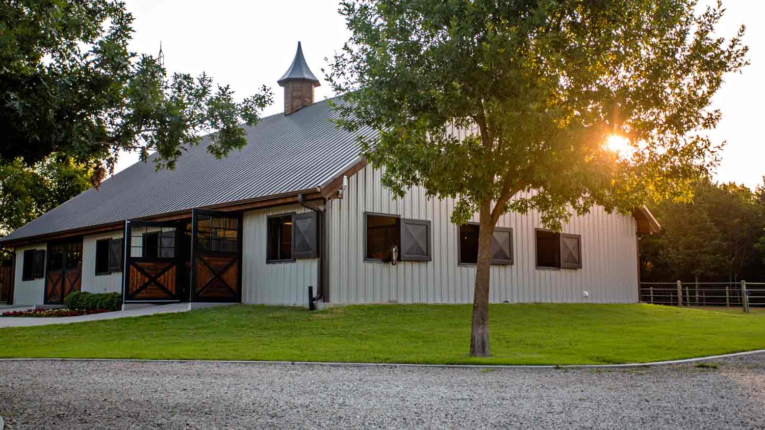 metal barn at sunrise