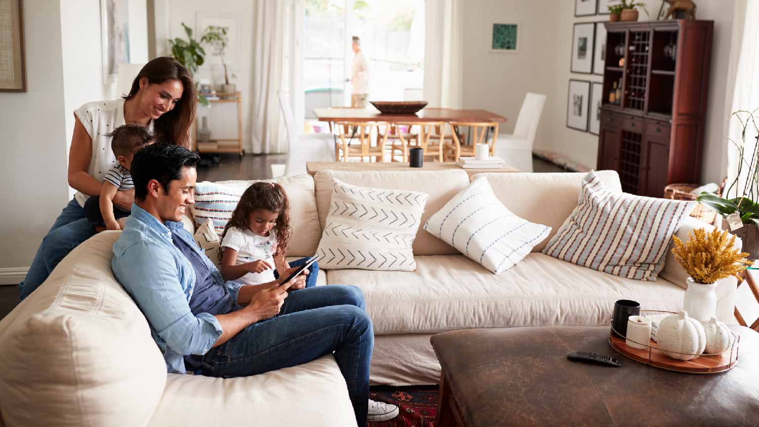 A family relaxing in their living room