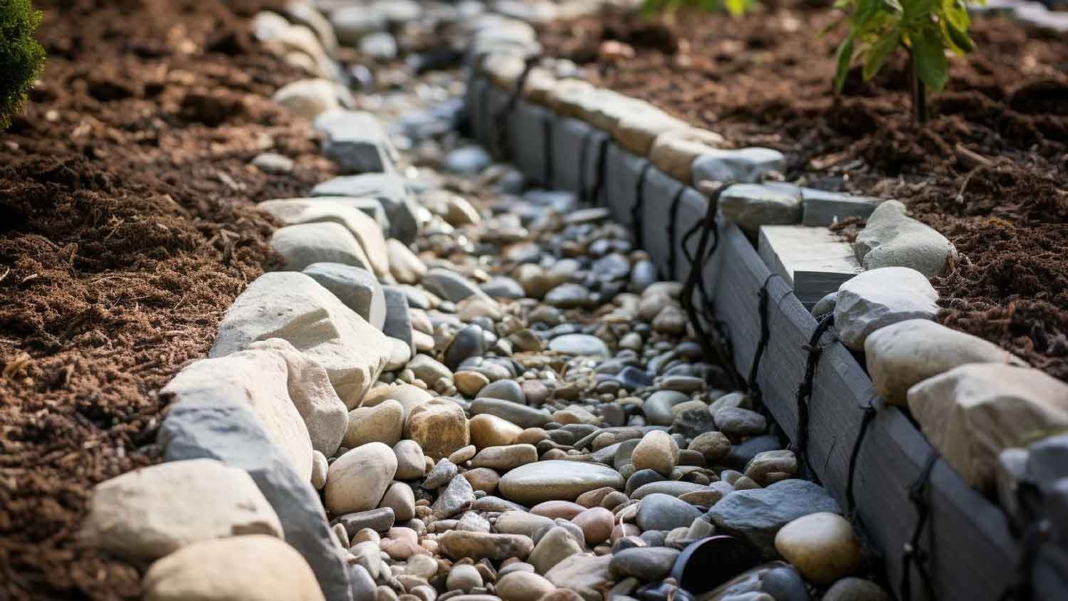 A french drain with river rocks