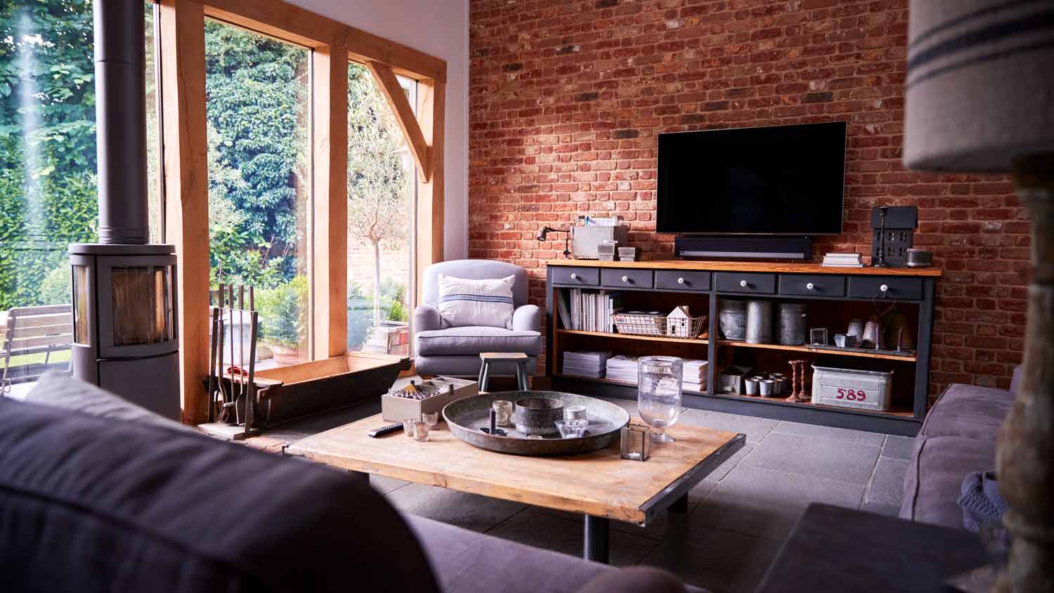living with exposed brick wall