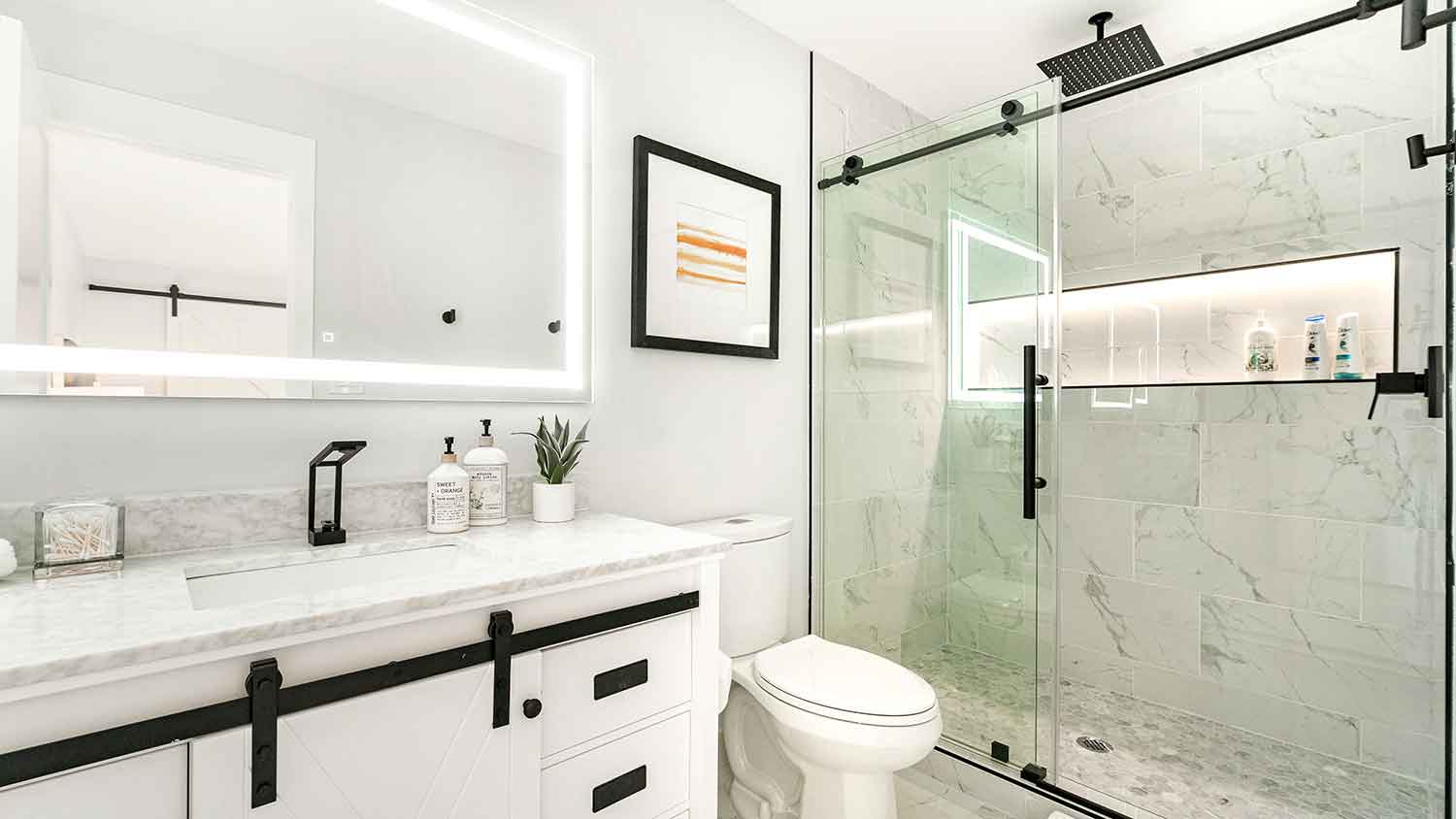 None Modern bathroom with sliding shower door