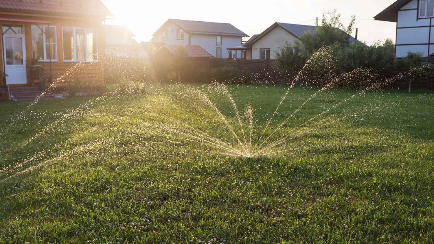 A sprinkler system watering a lawn