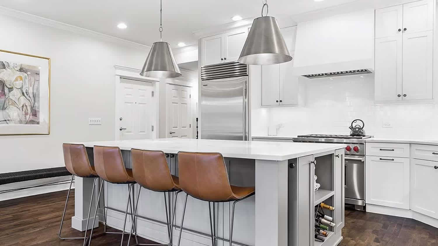 White luxury kitchen with gray island