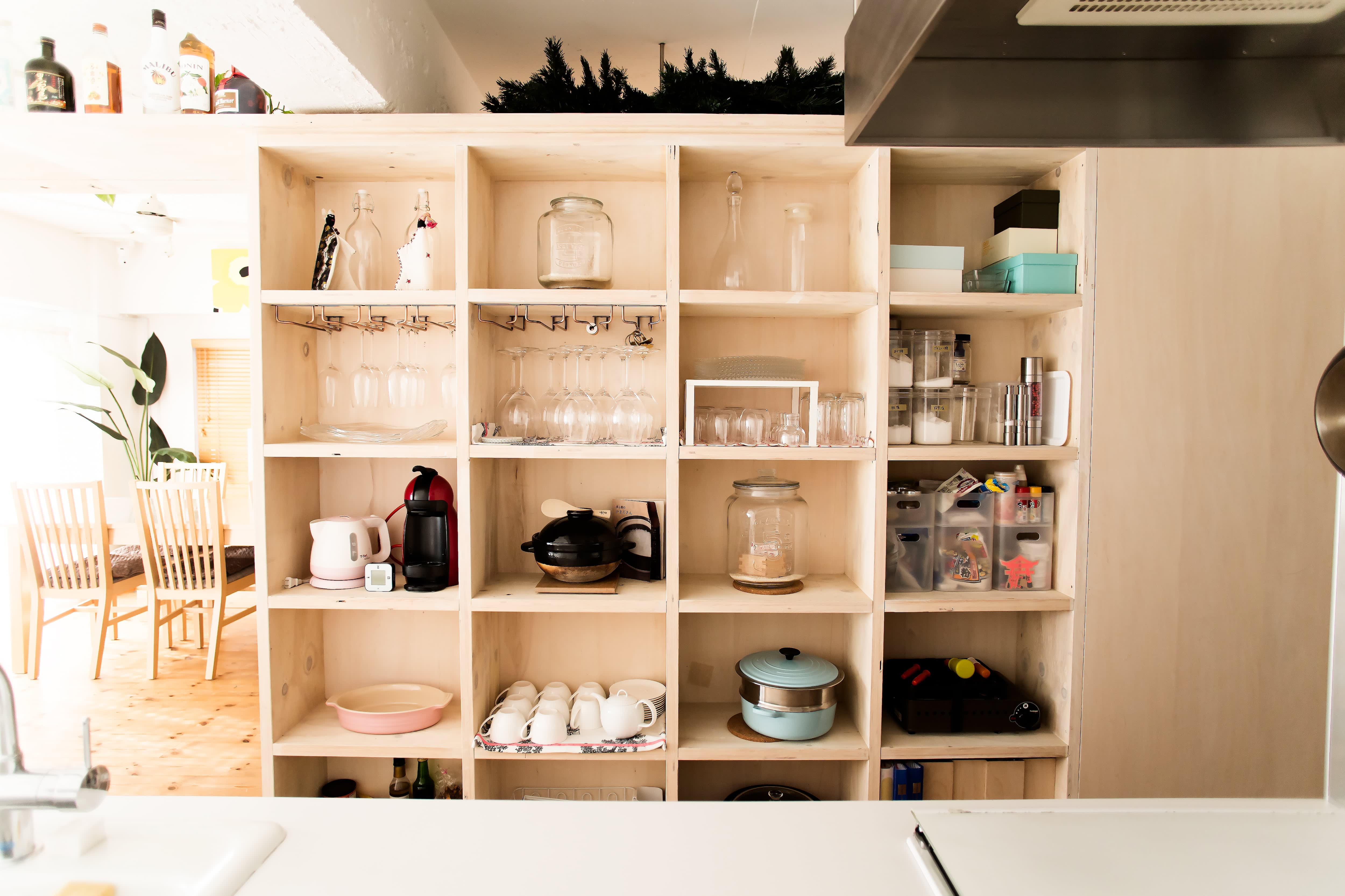 Open shelving in large kitchen