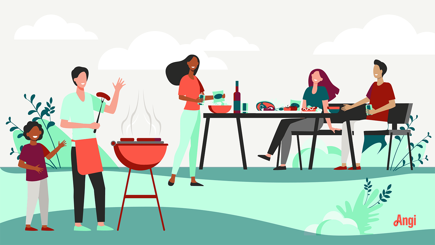 Illustration showing family and friends having a BBQ