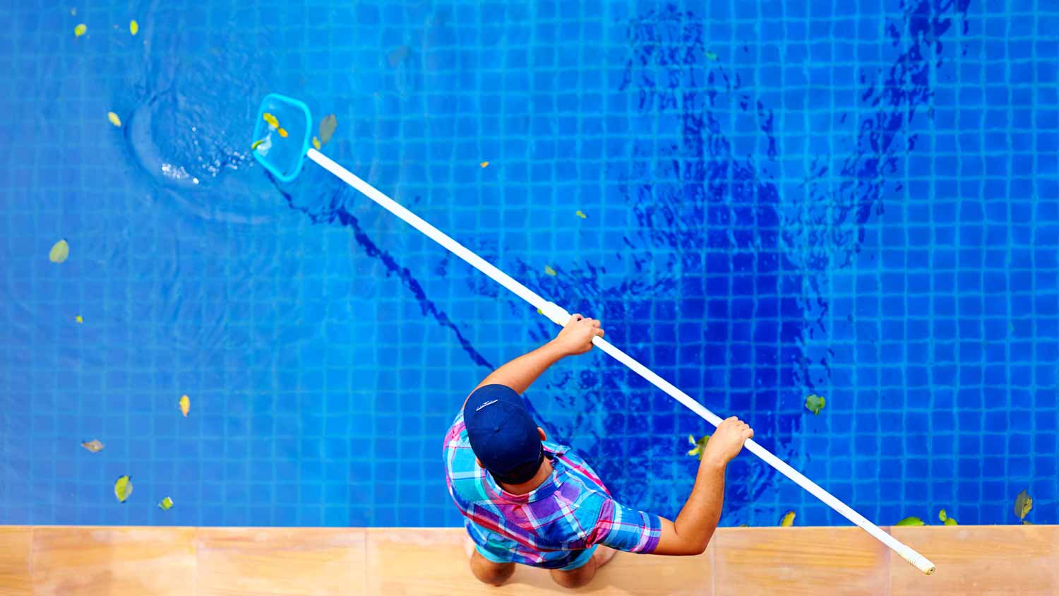 None A man skimming a pool from leaves