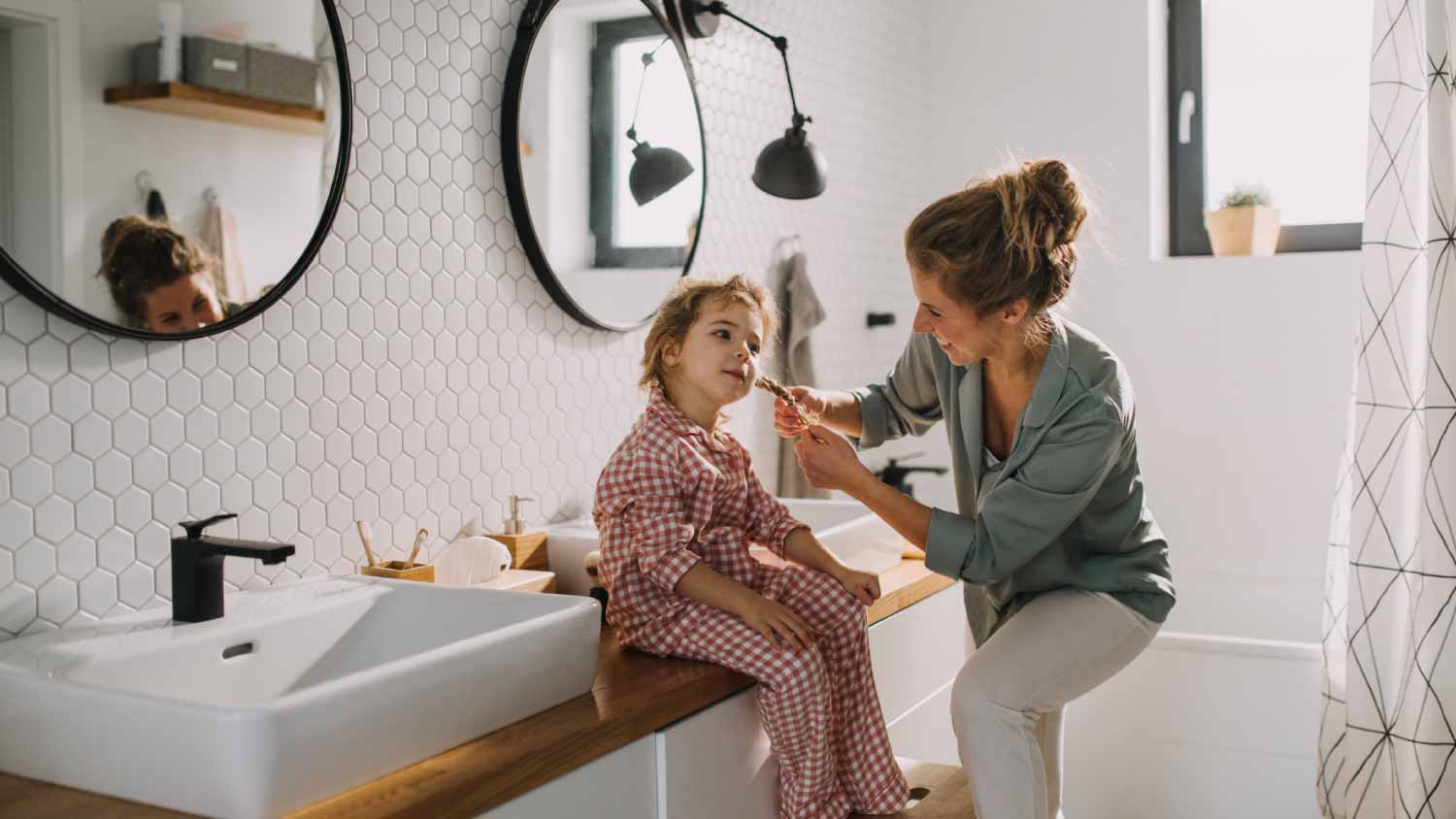 Mom with daughter doing a their morning routine