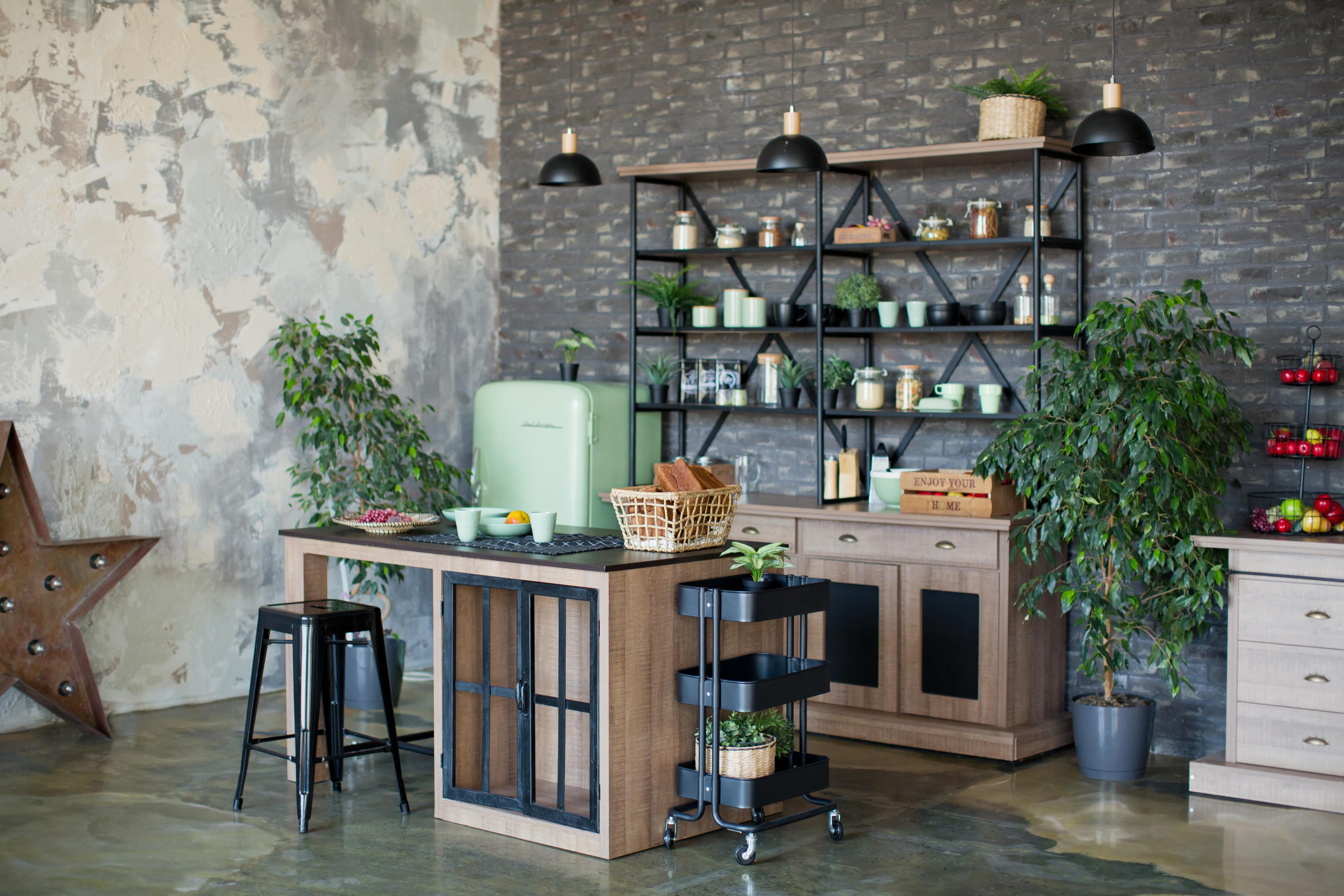 Modern baker’s rack in kitchen