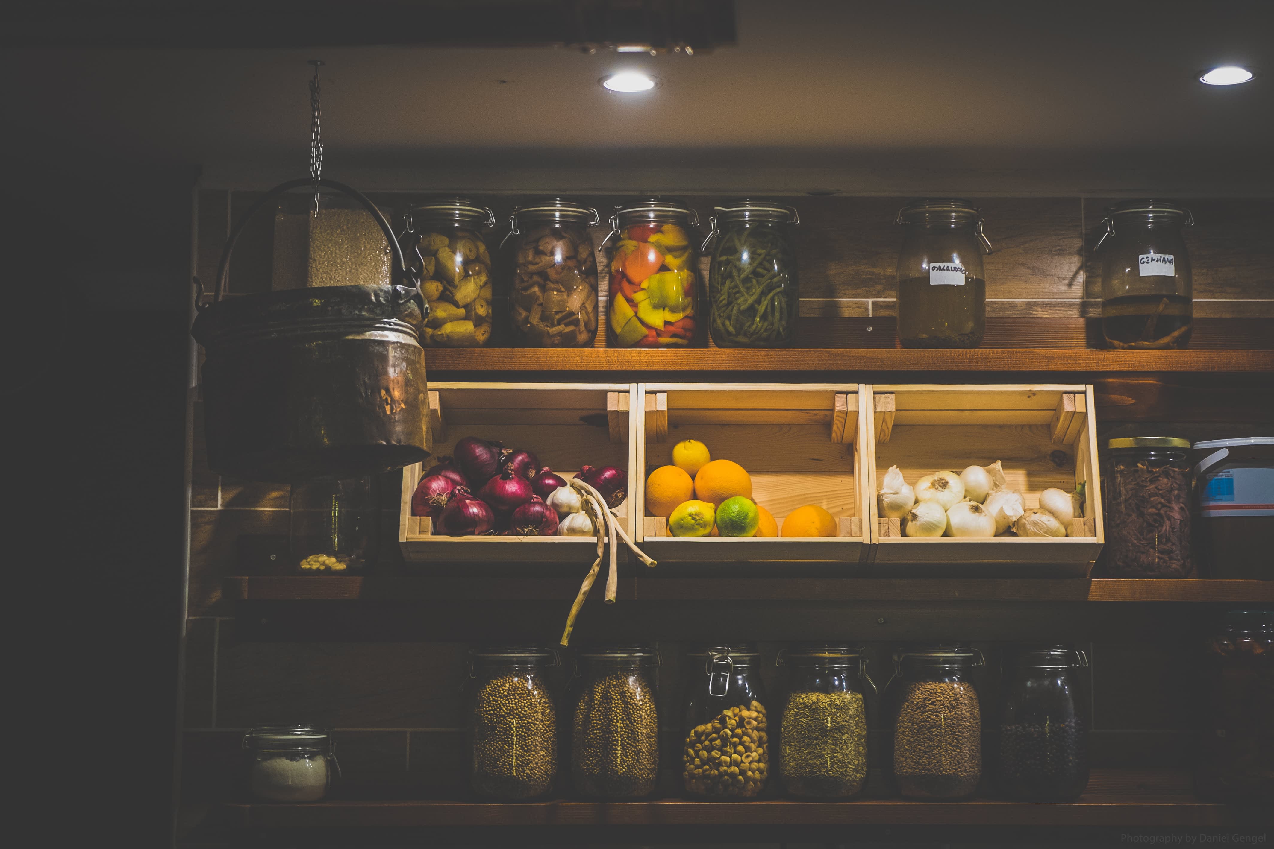Illuminated shelves in kitchen pantry
