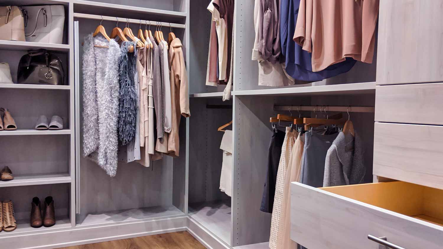 None Walk in closet with clothes hanging