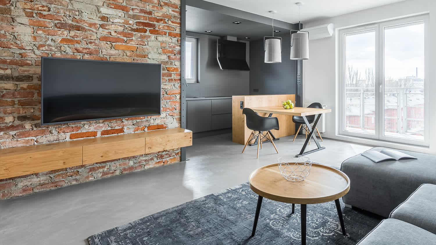 glossy concrete floors in living room