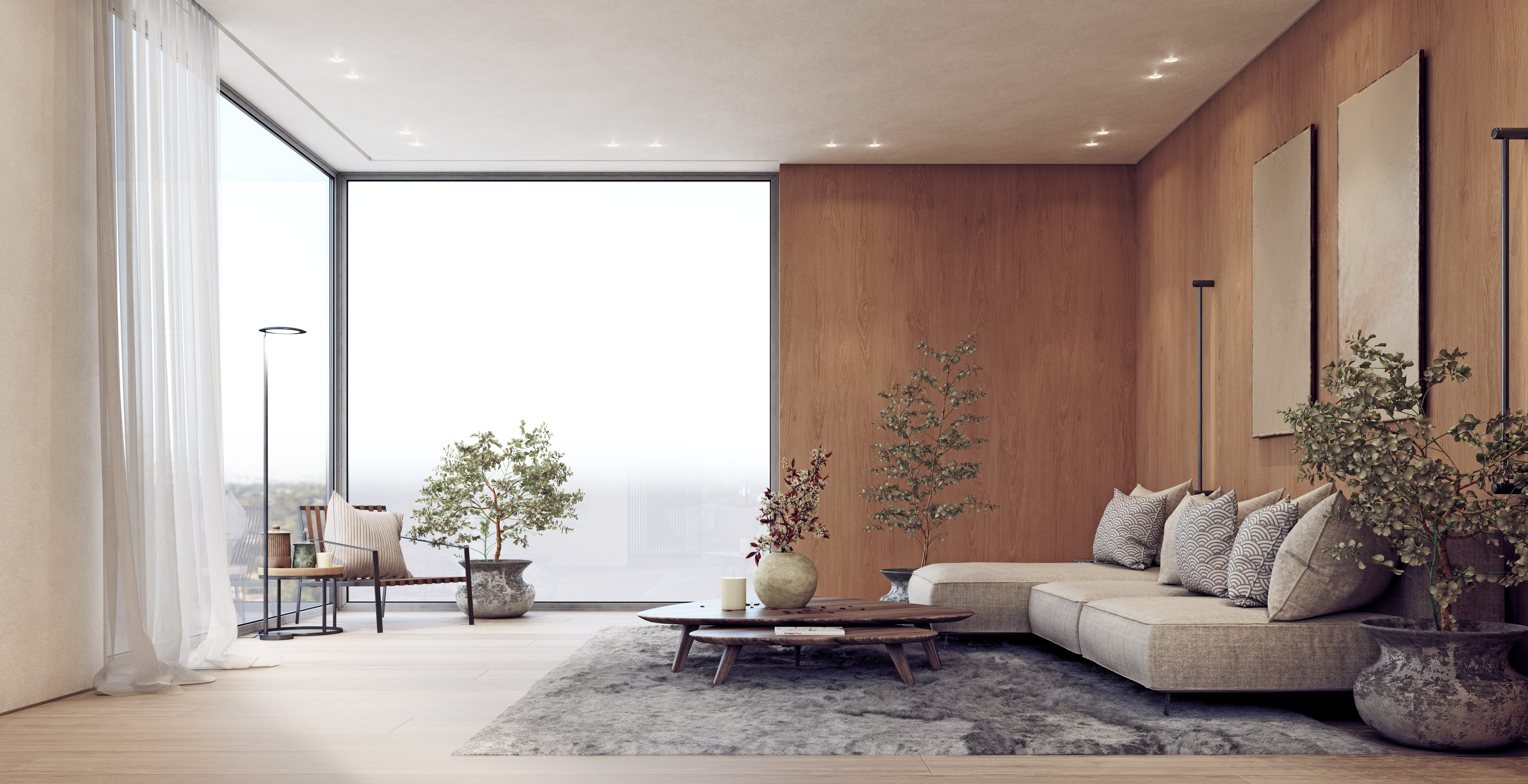 A modern apartment with floor-to-ceiling windows, wood walls, and plants