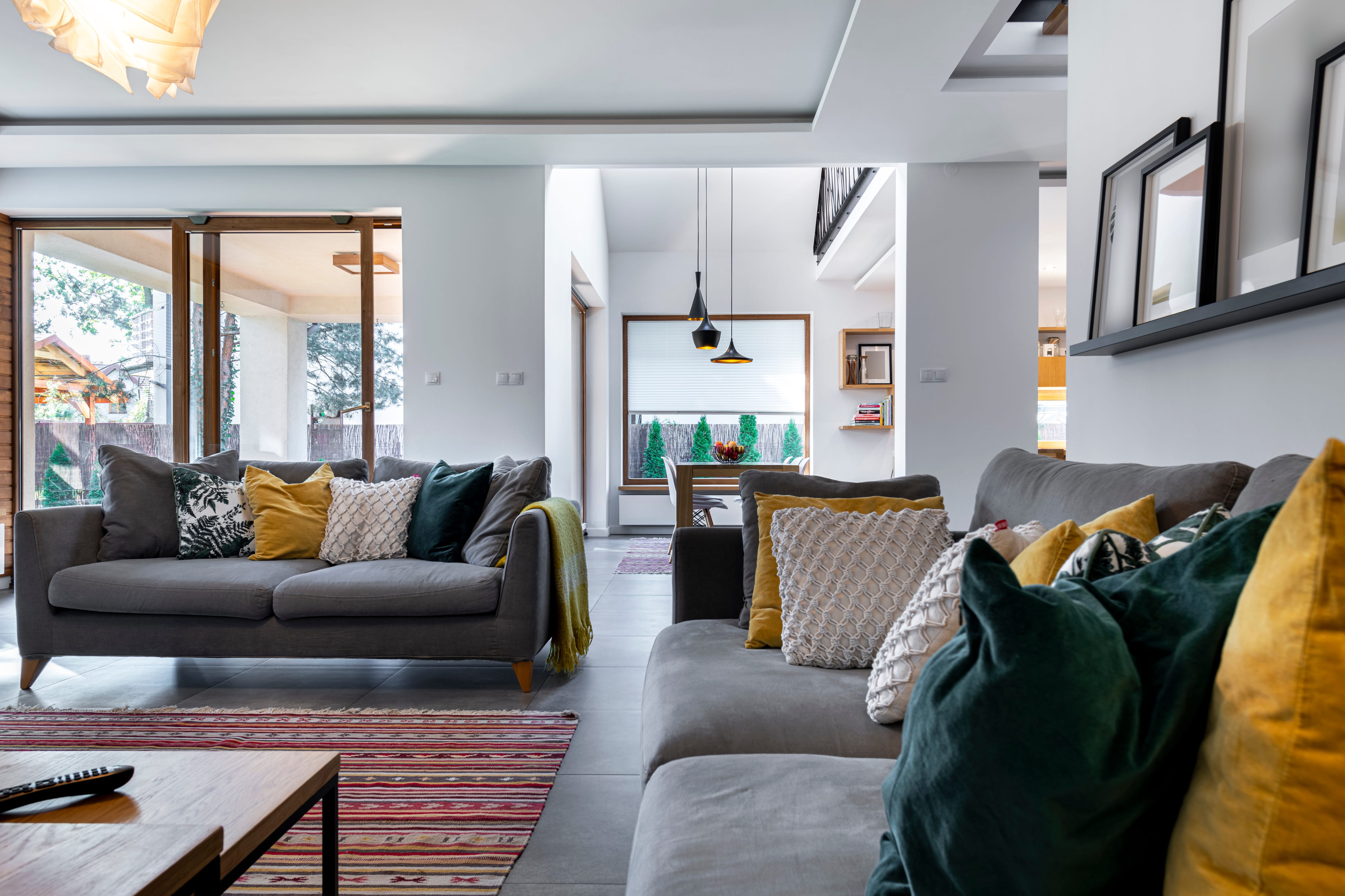 A contemporary gray living room with modern elements