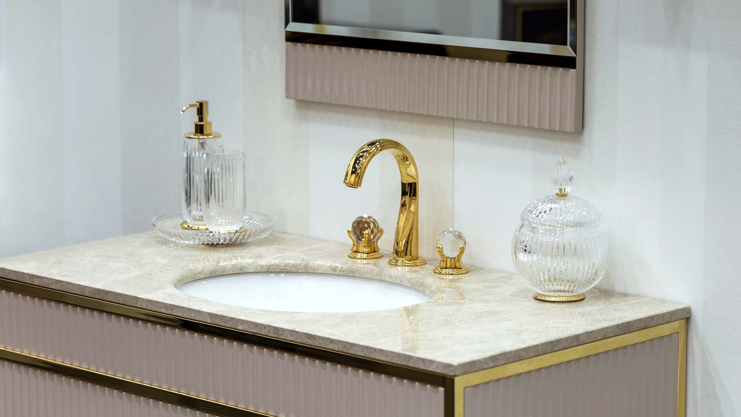 A porcelain sink with golden faucet